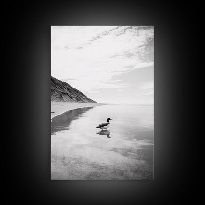 Lone Loon, Quiet Reflection, Coastal Bird, Framed Canvas Print, Nature Wall Art, Bathroom Decor, Serene Black and White Art