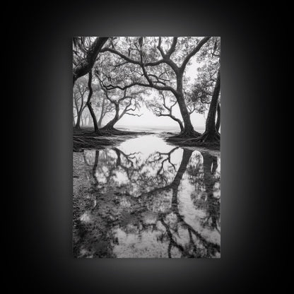 Misty Forest Trees, Reflection Photography, Nature Landscape, Canvas Print, Neutral Tones, Bedroom Wall Decor, Moody Autumn Forest Art