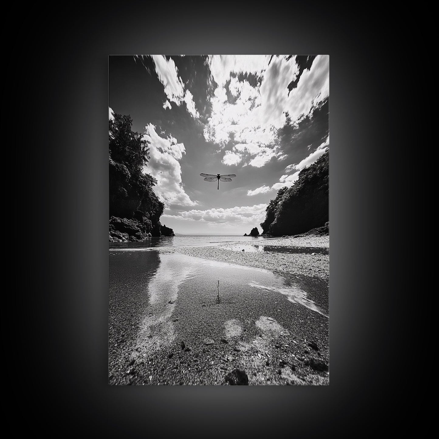 Dragonfly Flight, Beach View, Nature Dream, Framed Canvas Print, Whimsical Wall Art, Surreal Living Room Decor, Black and White Nature Style
