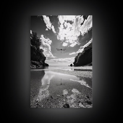 Dragonfly Flight, Beach View, Nature Dream, Framed Canvas Print, Whimsical Wall Art, Surreal Living Room Decor, Black and White Nature Style
