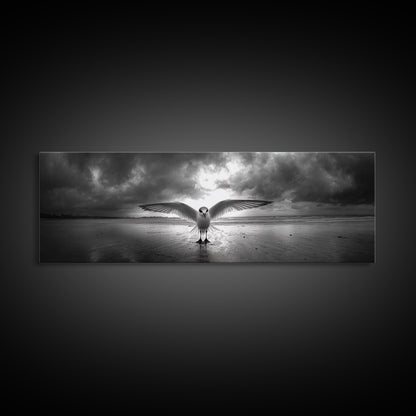 Winged Bird Beach, Coastal Sunrise, Dramatic Flight, Canvas Print, Beach House Decor, Living Room Wall Art, Nature Photography