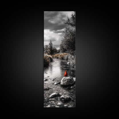 Red Cardinal, River Print, Nature Wildlife Art, Peaceful Landscape, Canvas Print, Rustic Living Room Decor, Autumn Wall Art, Forest Bird