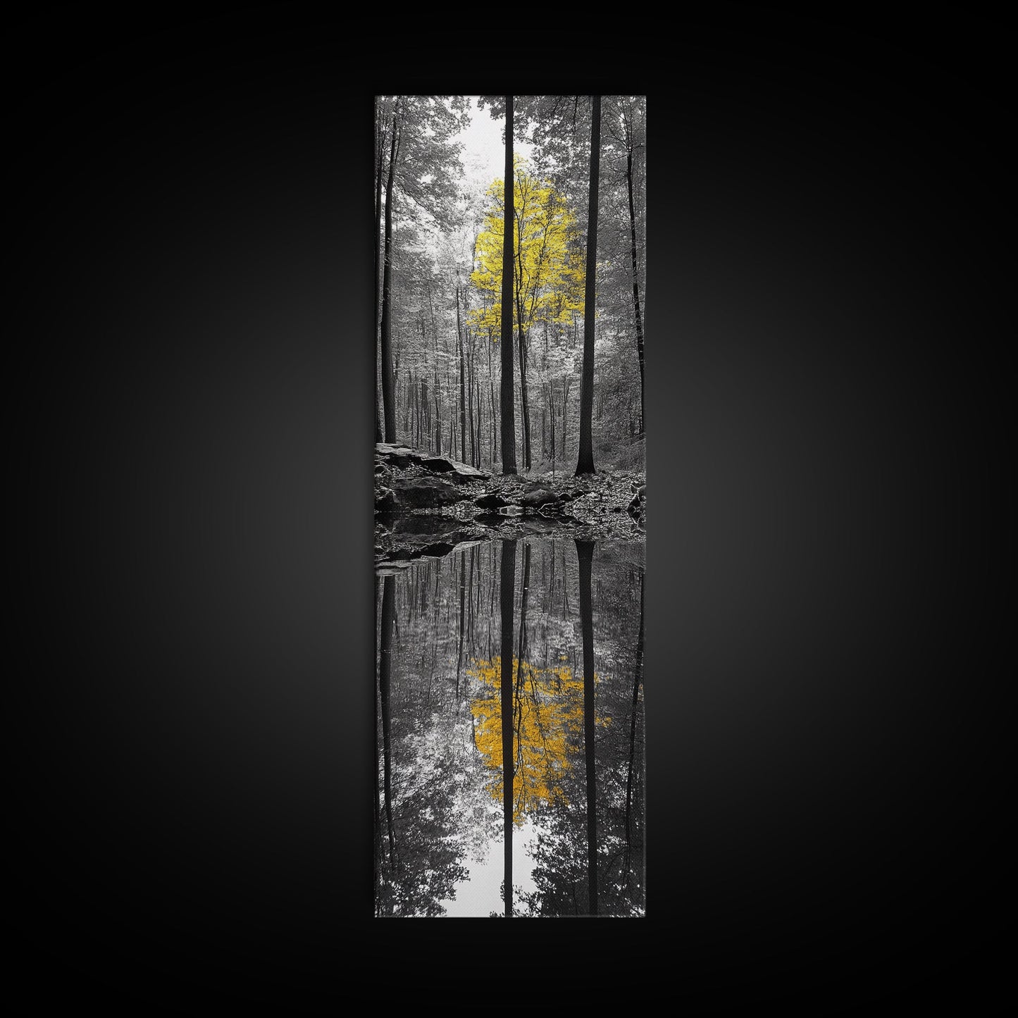 Yellow Tree, Autumn Woods, Forest Reflection, Nature Glow, Framed Canvas Print, Fall Wall Art, Rustic Decor, Cabin Art, Earthy Tones