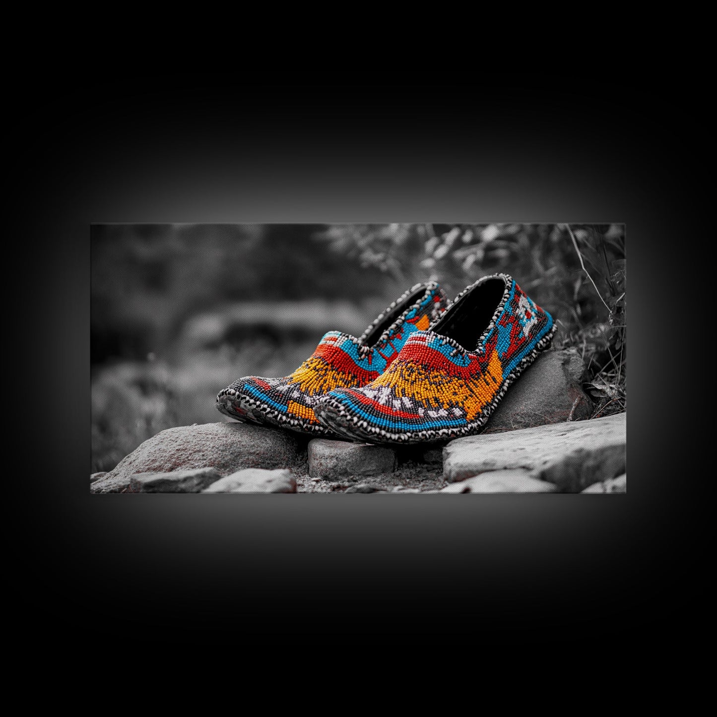 Native Beaded Shoes, Color Pop, Bohemian Style, Tribal Art, Framed Canvas Print, Rustic Wall Art, Entryway Decor, Ethnic Home Accent