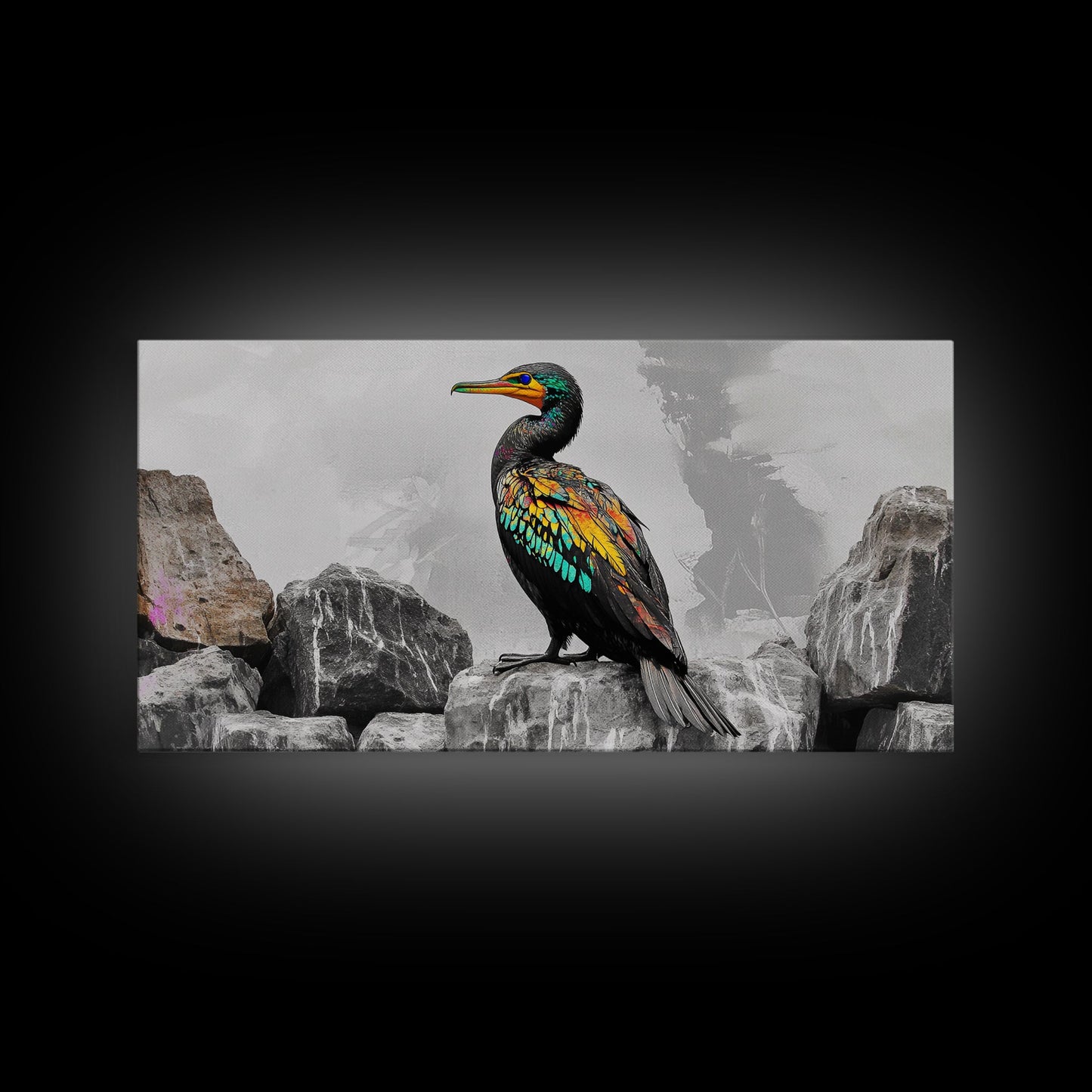 Vibrant Sea Bird, Colorful Wildlife Perch, Artistic Bird Feathers, Framed Canvas Print, Nature Wall Art, Office Decor, Boho Animal Style