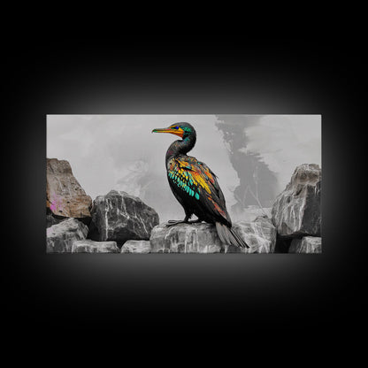 Vibrant Sea Bird, Colorful Wildlife Perch, Artistic Bird Feathers, Framed Canvas Print, Nature Wall Art, Office Decor, Boho Animal Style