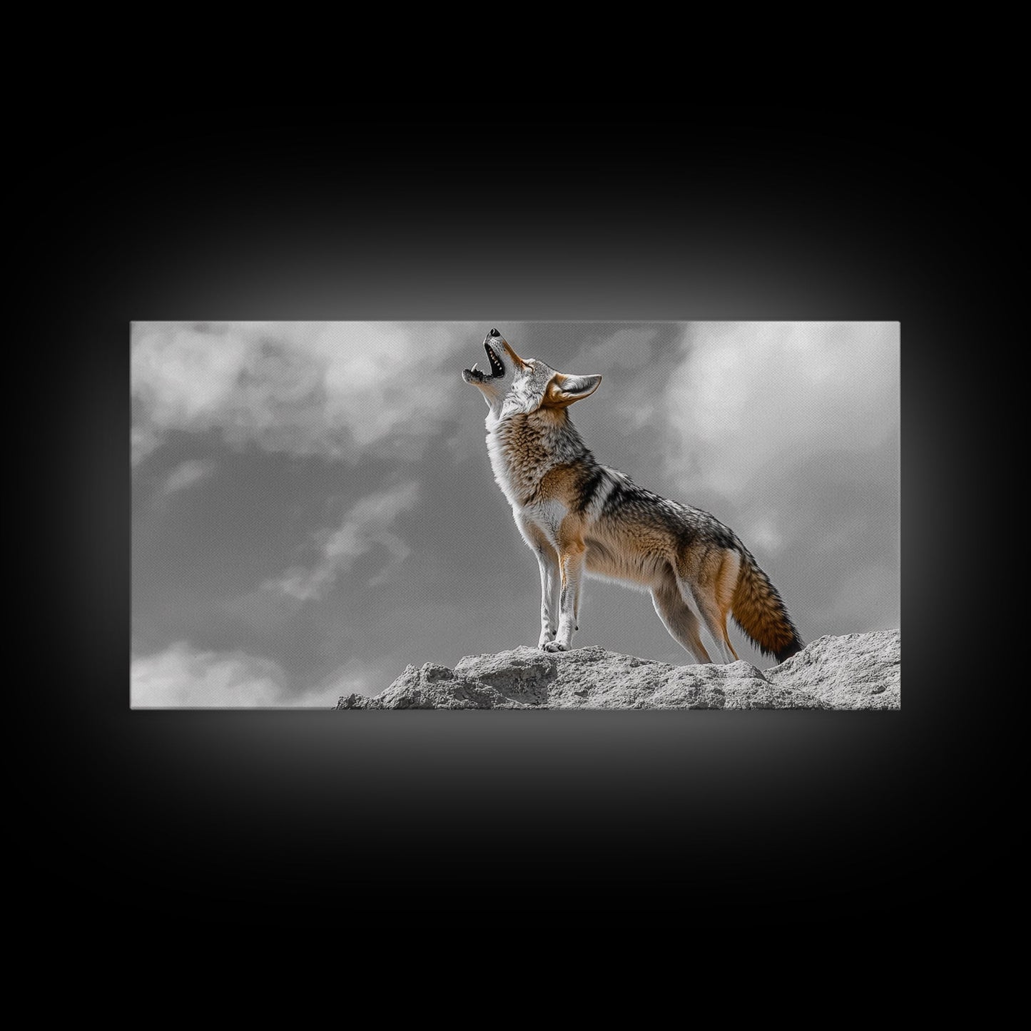 Howling Coyote Peak, Desert Wildlife Portrait, Majestic Animal Scene, Framed Canvas Print, Cabin Decor, Nature Wall Art, Minimalist Vibe