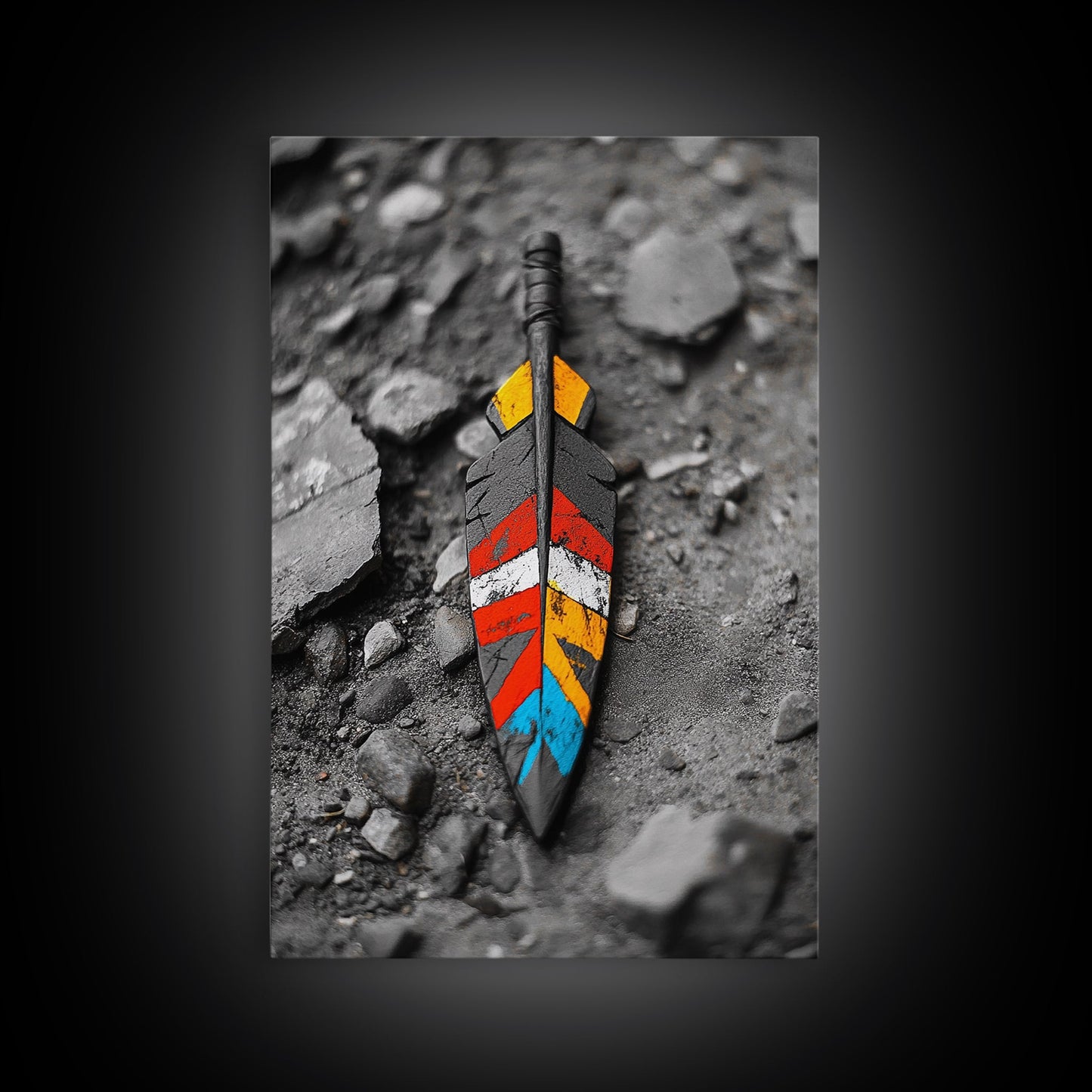 Tribal Feather, Painted Arrow, Rustic Stone Ground, Canvas Print, Boho Wall Art, Native Inspired Decor, Color Pop Rustic Style