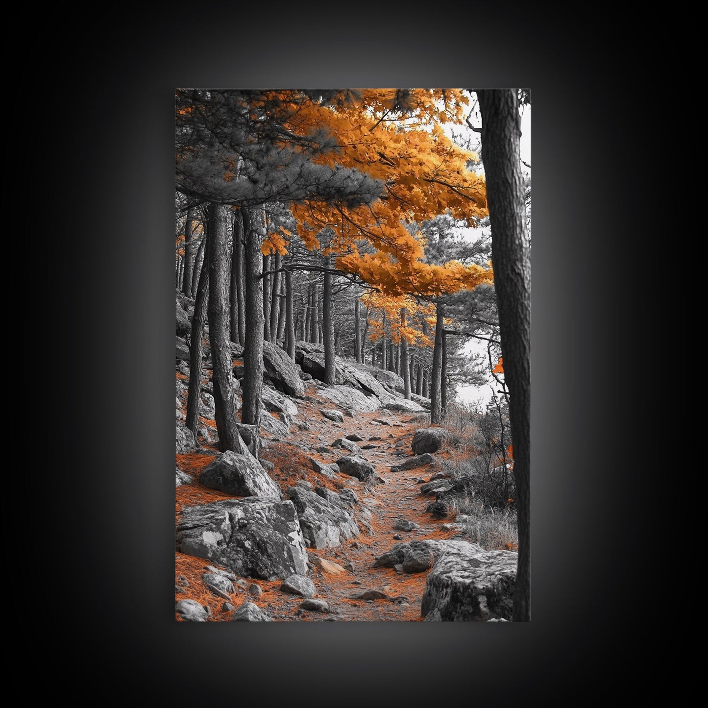 Autumn Forest Path, Orange Leaves, Rocky Woods Trail, Tranquil Nature, Framed Canvas Print, Fall Decor, Cabin Wall Art, Rustic Style