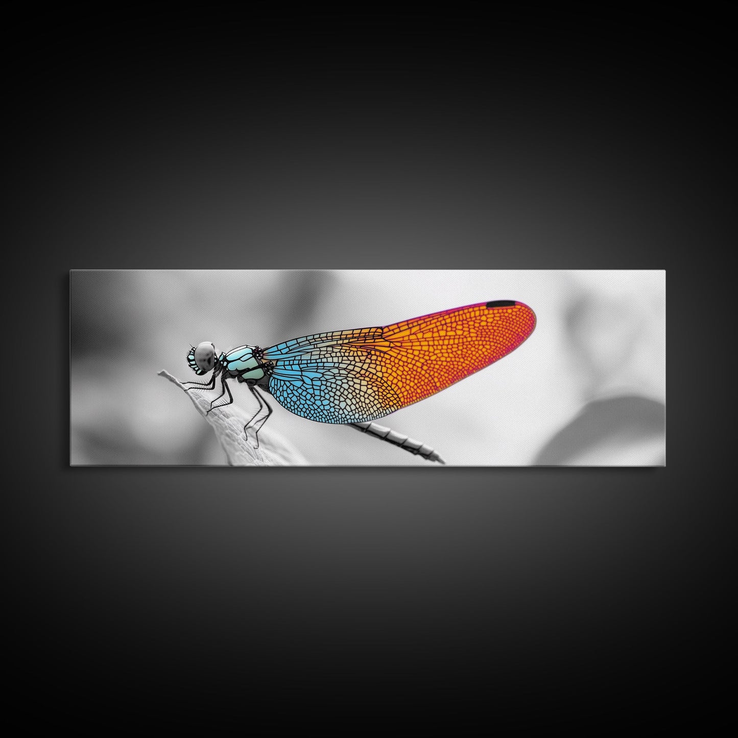 Closeup Dragonfly, Colorful Wings, Abstract Nature, Macro Art — Framed Canvas Print, Living Room Decor, Botanical Wall Art, Modern Minimal