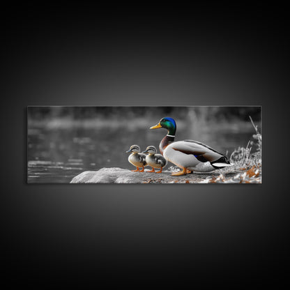 Duck Family, Nature Scene, Wildlife Birds, Lake Reflections, Framed Canvas Print, Nursery Decor, Cozy Art, Nature Lover Gift