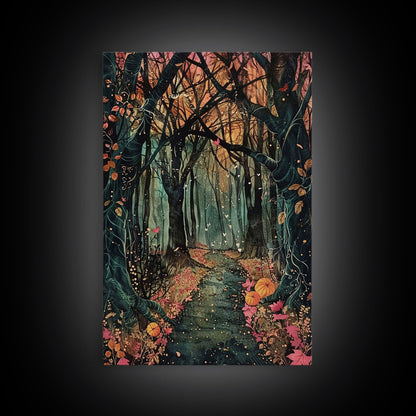 Haunted Pathway Through the Woods Framed Canvas Print, Spooky Forest Art, Halloween Night Scene, Mysterious Path Decor, Framed Canvas Print