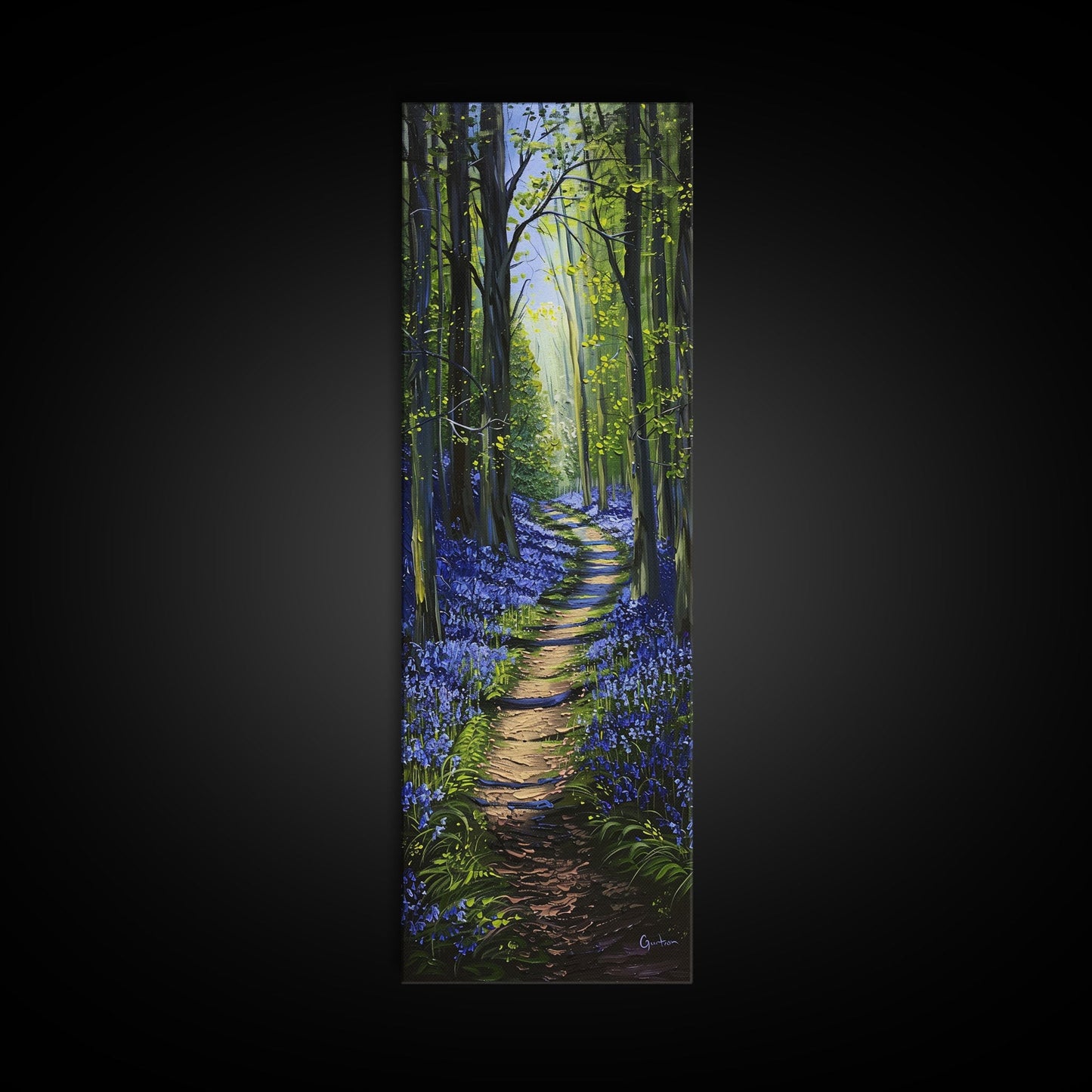 Pathway Through Enchanting Bluebell Woods in Tall Skinny Art Framed Canvas Print for Peaceful Wall Decor and Interior Design