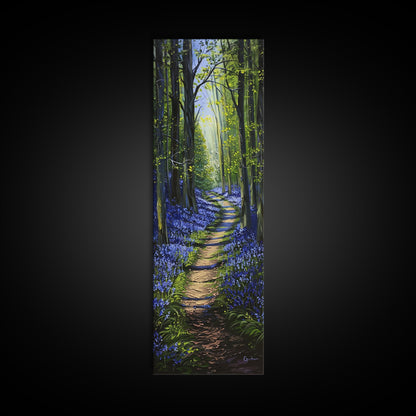 Pathway Through Enchanting Bluebell Woods in Tall Skinny Art Framed Canvas Print for Peaceful Wall Decor and Interior Design