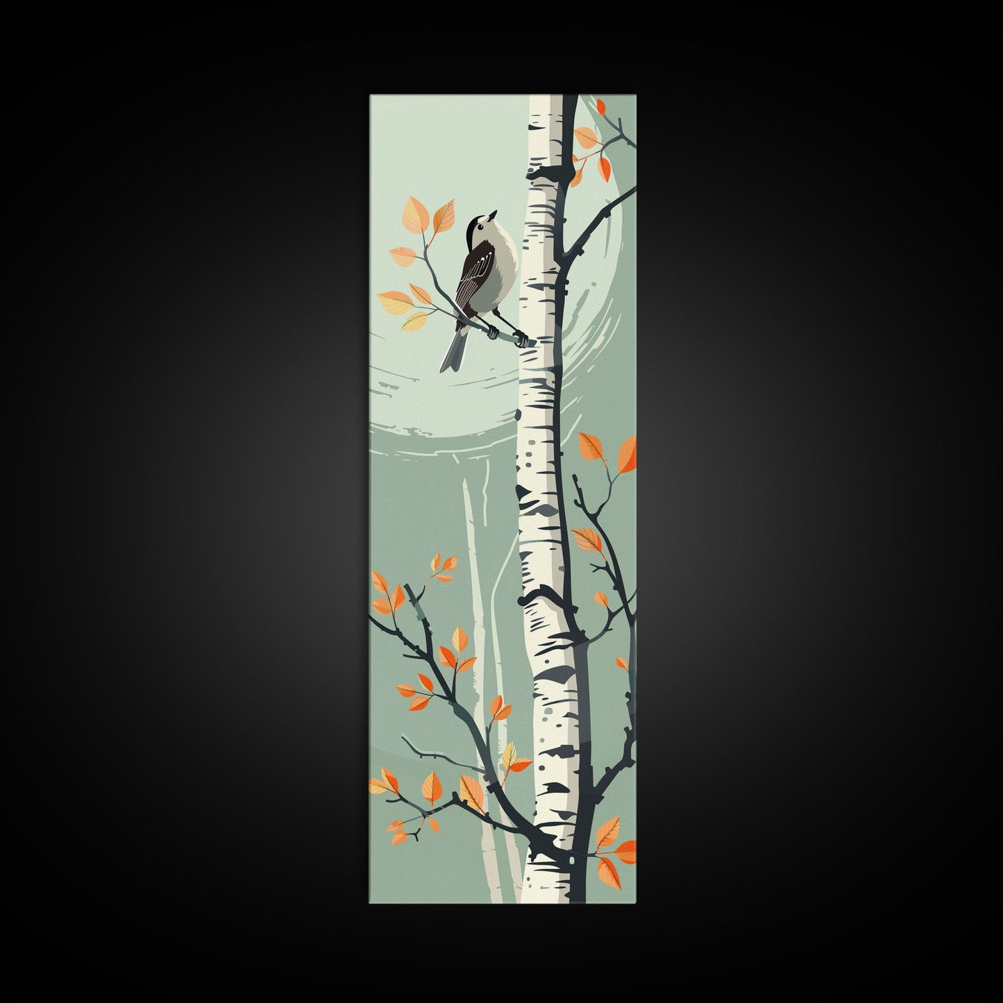 Skinny Art Bird On Birch Tree In Japanese Style Wood Block Print Autumn Tones On Framed Canvas Print, Tall Art Ukiyo-e