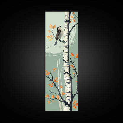 Skinny Art Bird On Birch Tree In Japanese Style Wood Block Print Autumn Tones On Framed Canvas Print, Tall Art Ukiyo-e