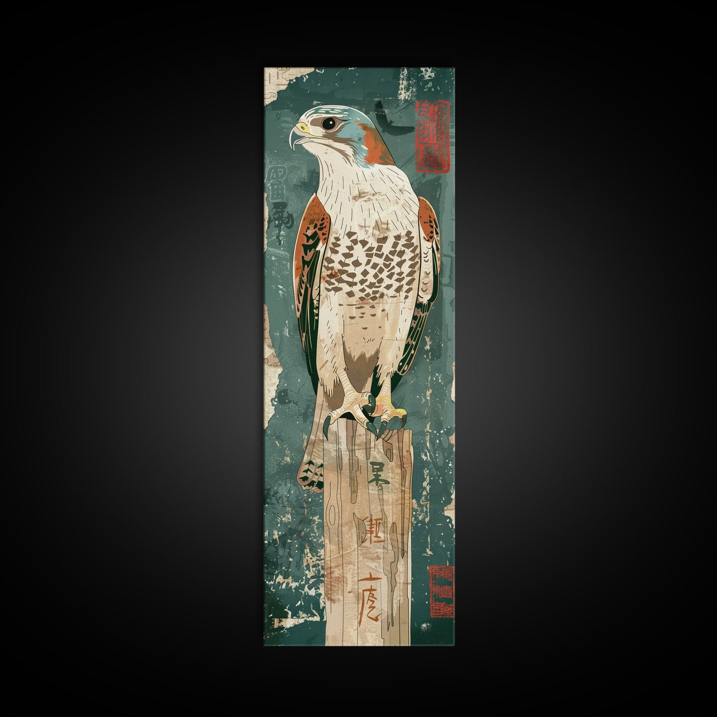 Majestic Hawk Perched On Weathered Stump Textured Background Skinny Art Tall Art Framed Canvas Print Japanese Style Art Ukiyo-e Art Wood Block Print