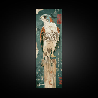 Majestic Hawk Perched On Weathered Stump Textured Background Skinny Art Tall Art Framed Canvas Print Japanese Style Art Ukiyo-e Art Wood Block Print