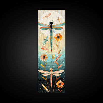 Dragonfly Gathering Night Glow Vibrant Colors Skinny Art Tall Art Framed Canvas Print Japanese Style Art Ukiyo-e Art Wood Block Print Insect Art