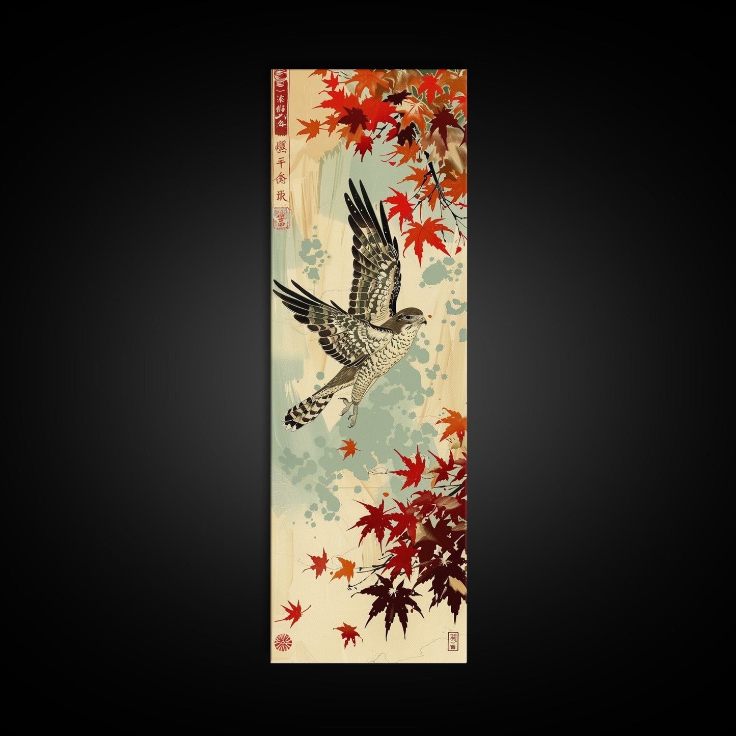 Hawk In Flight Among Red Maple Leaves Tall Art Skinny Art Framed Canvas Print Japanese Style Art Ukiyo-e Wood Block Print