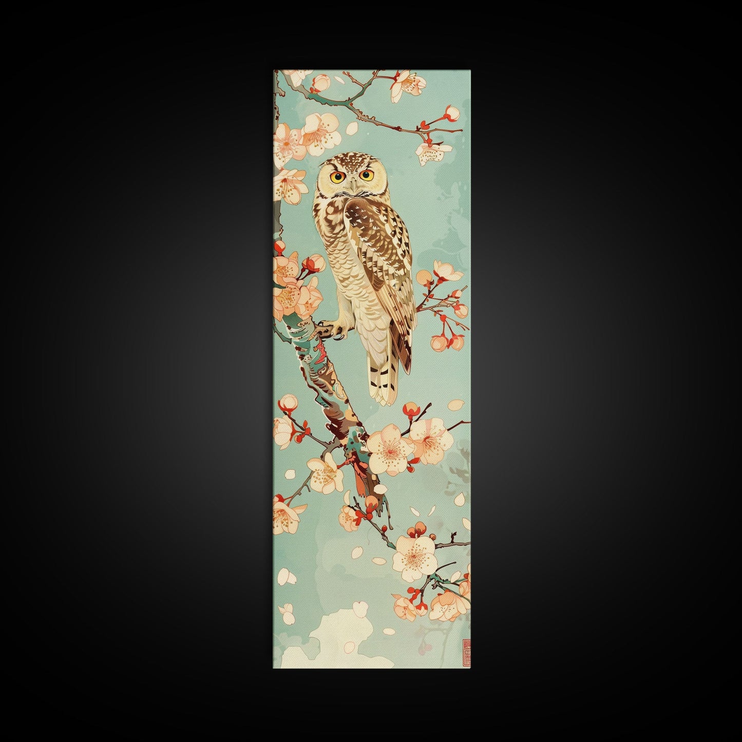 Owl Cherry Blossom Tree Traditional Japanese Tall Wall Art Skinny Framed Canvas Print Ukiyo-e Style