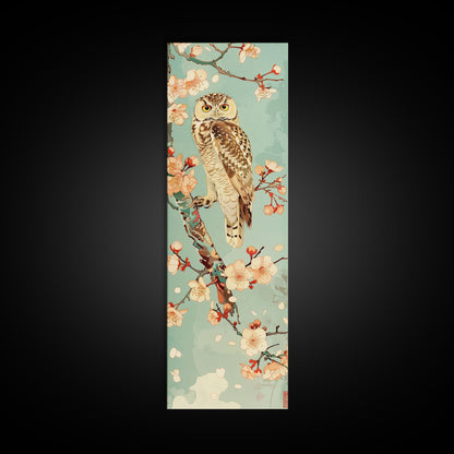 Owl Cherry Blossom Tree Traditional Japanese Tall Wall Art Skinny Framed Canvas Print Ukiyo-e Style