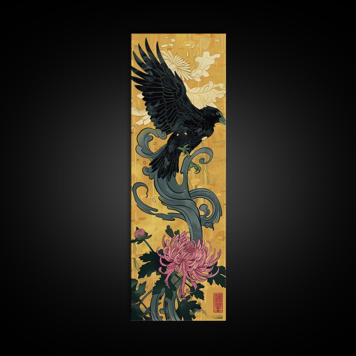 Canvas Print Japanese Eagle In Flight Over Chrysanthemum Flowers, Bold Traditional Art For Statement Wall Piece, Cultural Home Decor