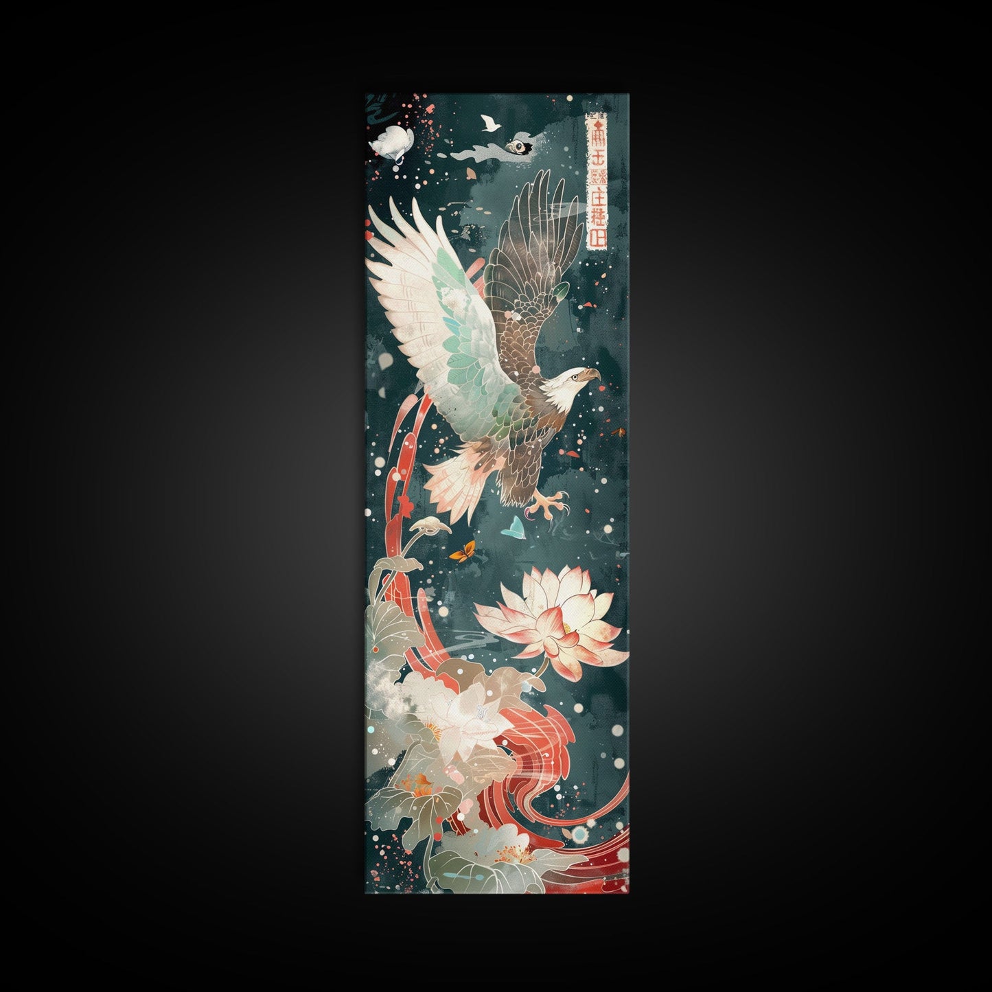 Majestic Eagle Japanese Art Skinny Wall Art Framed Canvas Print Soaring Above Lotus Flowers in Serene Water Scene
