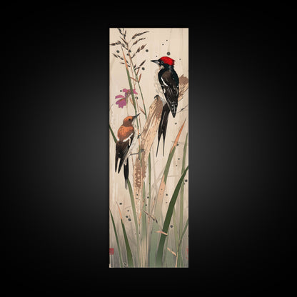Detailed Woodpeckers Perched On Stems Amid Nature For Rustic Wall Art Ukiyo-e Japanese Style Art Skinny Framed Canvas Print
