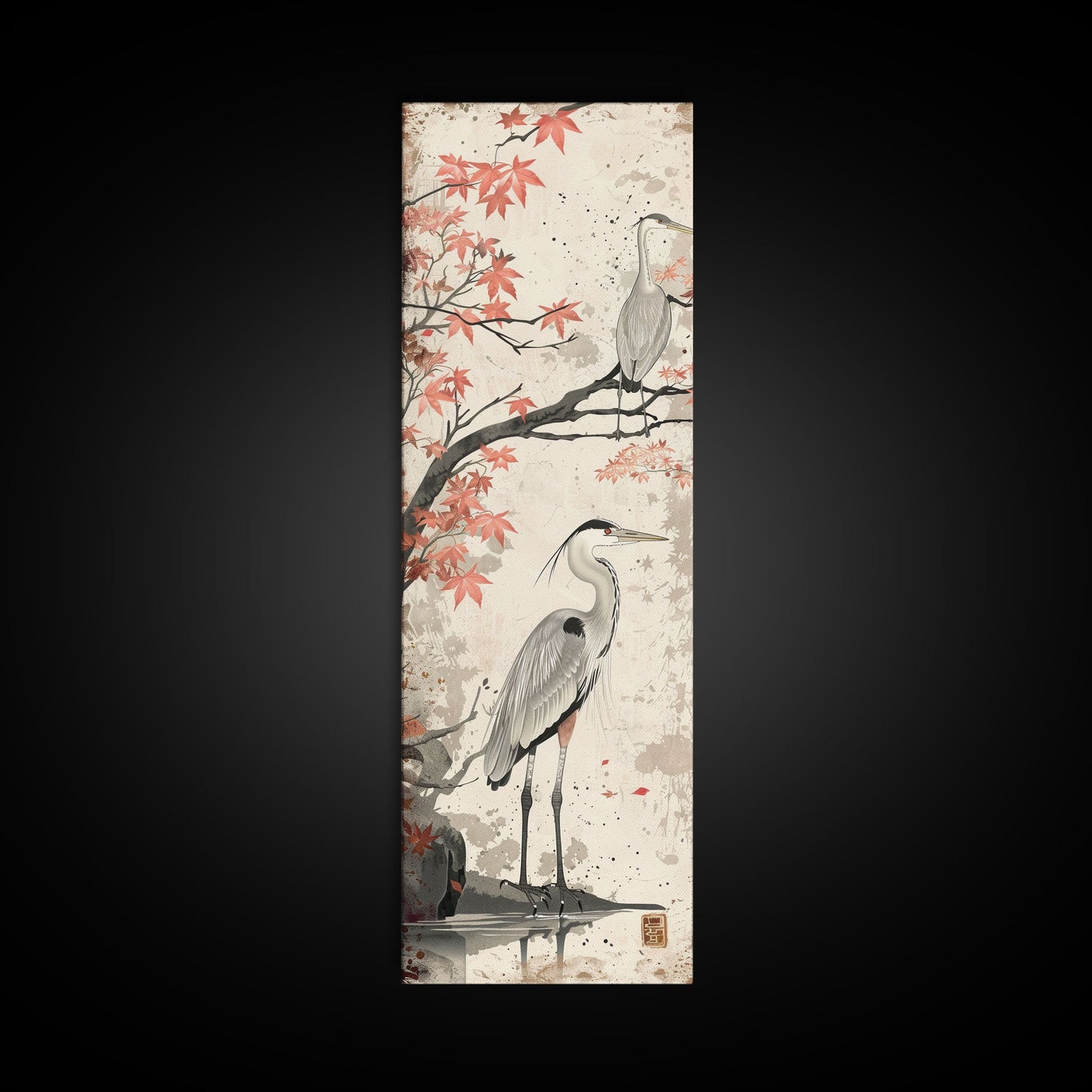 Herons On Autumn Branches Skinny Art Wood Block Print Japanese Style Art Framed Canvas Print Tall Art Ukiyo-e Art