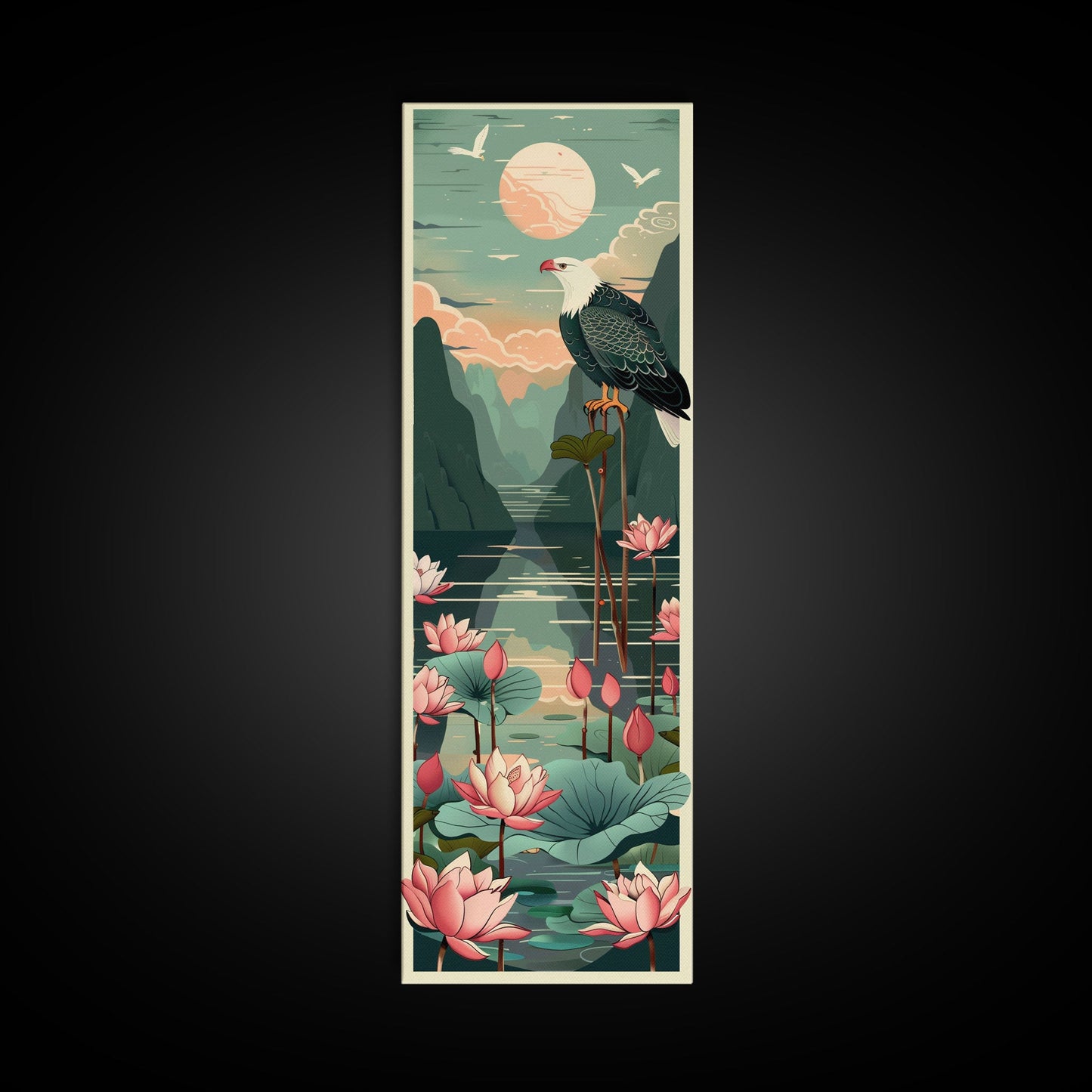 Majestic Eagle Over Lotus Pond Skinny Art Tall Art Japanese Ukiyo-e Inspired Nature Framed Canvas Print for Home and Office