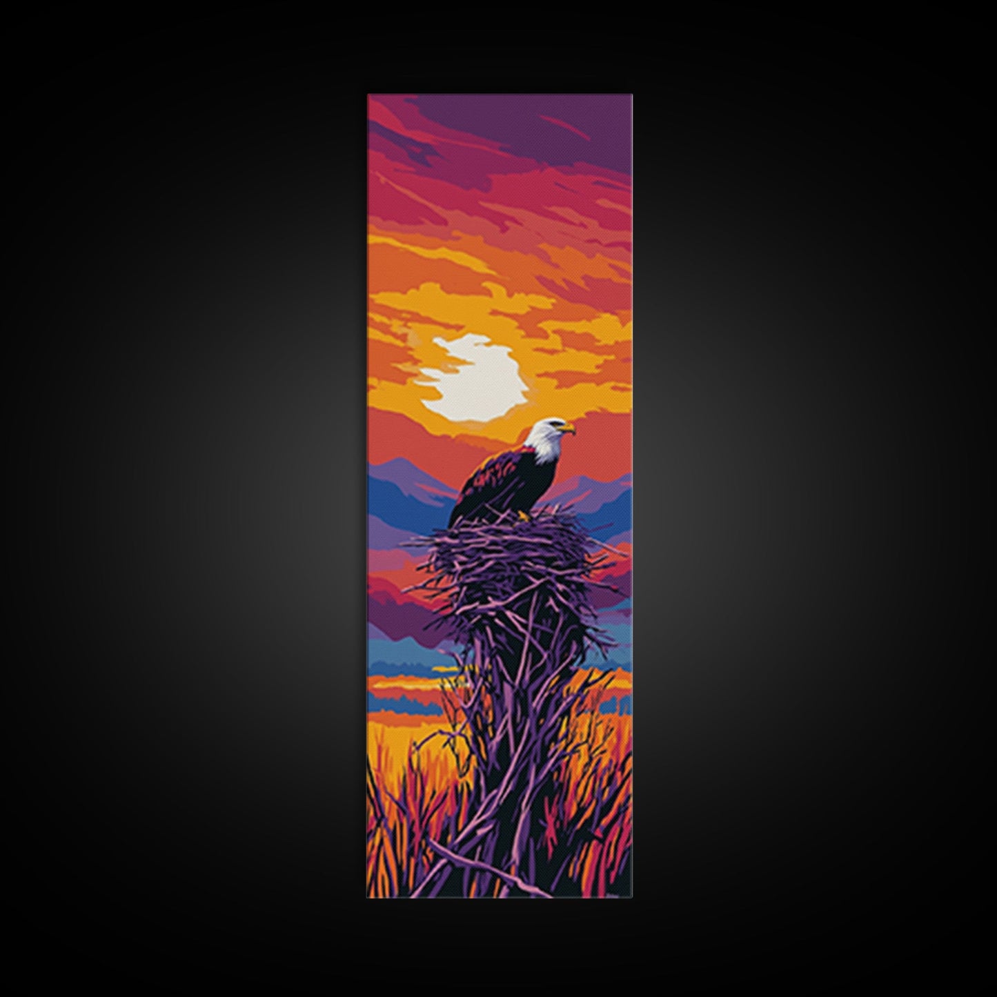 Vibrant Sunset Eagle, Canvas Print, bird art, landscape painting, moody art, rustic décor, southwest wall art, pine tree art, gift idea him