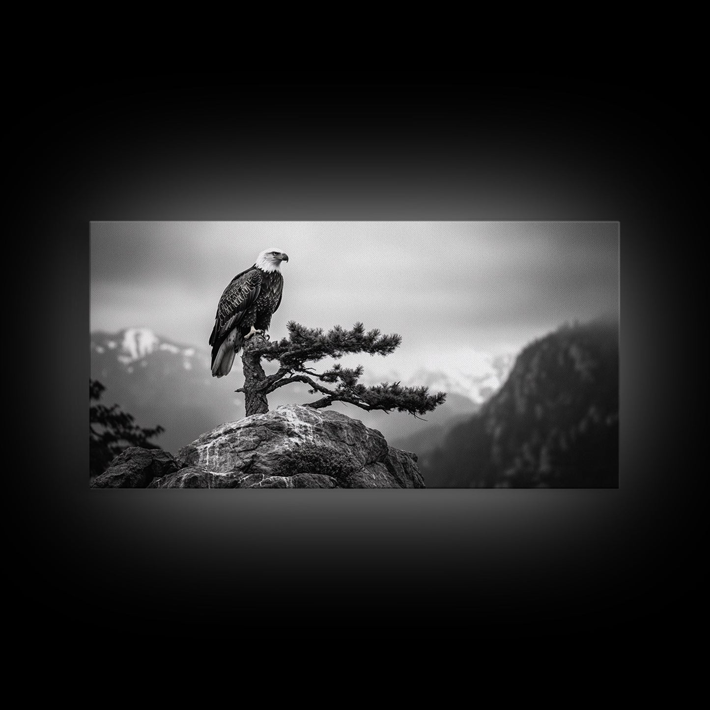 Majestic Bald Eagle, pine tree art, bird art, nature photography, mountain painting, wildlife art, extra wide art, framed canvas print