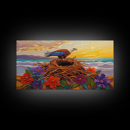 Bald Eagle Nest, bird art, mountain painting, moody art, southwest wall art, patriotic decor, nature art, Framed Canvas Print