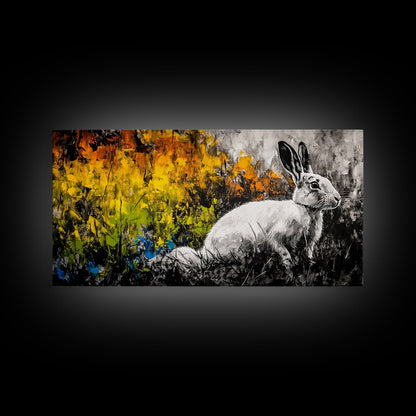 White Rabbit, whimsical art, forest at dusk painting, rustic wall art, farmhouse art, wildflower painting, Framed Canvas Print, cozy decor