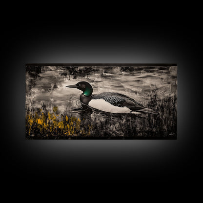 Loon Water Bird, Black and White Painting, Rustic Wildlife Art, Nature Wall Art, Lake House Decor, Framed Canvas Print, Extra Wide Art