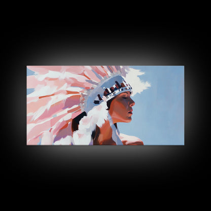 Native American Art, Woman in Headdress, Southwest Wall Art, Cultural Portrait, Framed Canvas Print, Extra Wide Art, Rustic Decor
