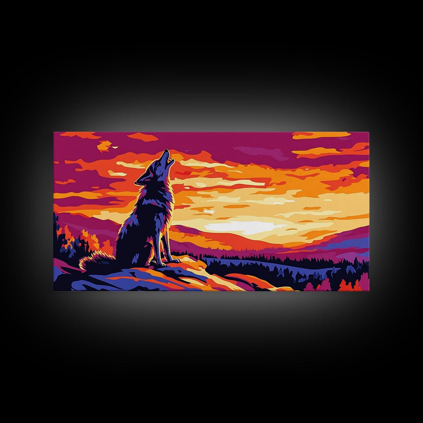 Howling Wolf, mountain painting, pine tree art, rustic decor, panoramic painting, southwest wall art, landscape painting, Canvas Print, gift
