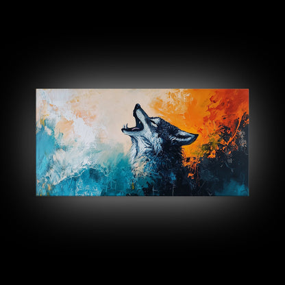 Howling Wolf Art, Framed Canvas Print, Southwest Wall Art, Moody Art, Rustic Decor, Extra Wide Art, Above Couch Art, Wildlife Painting