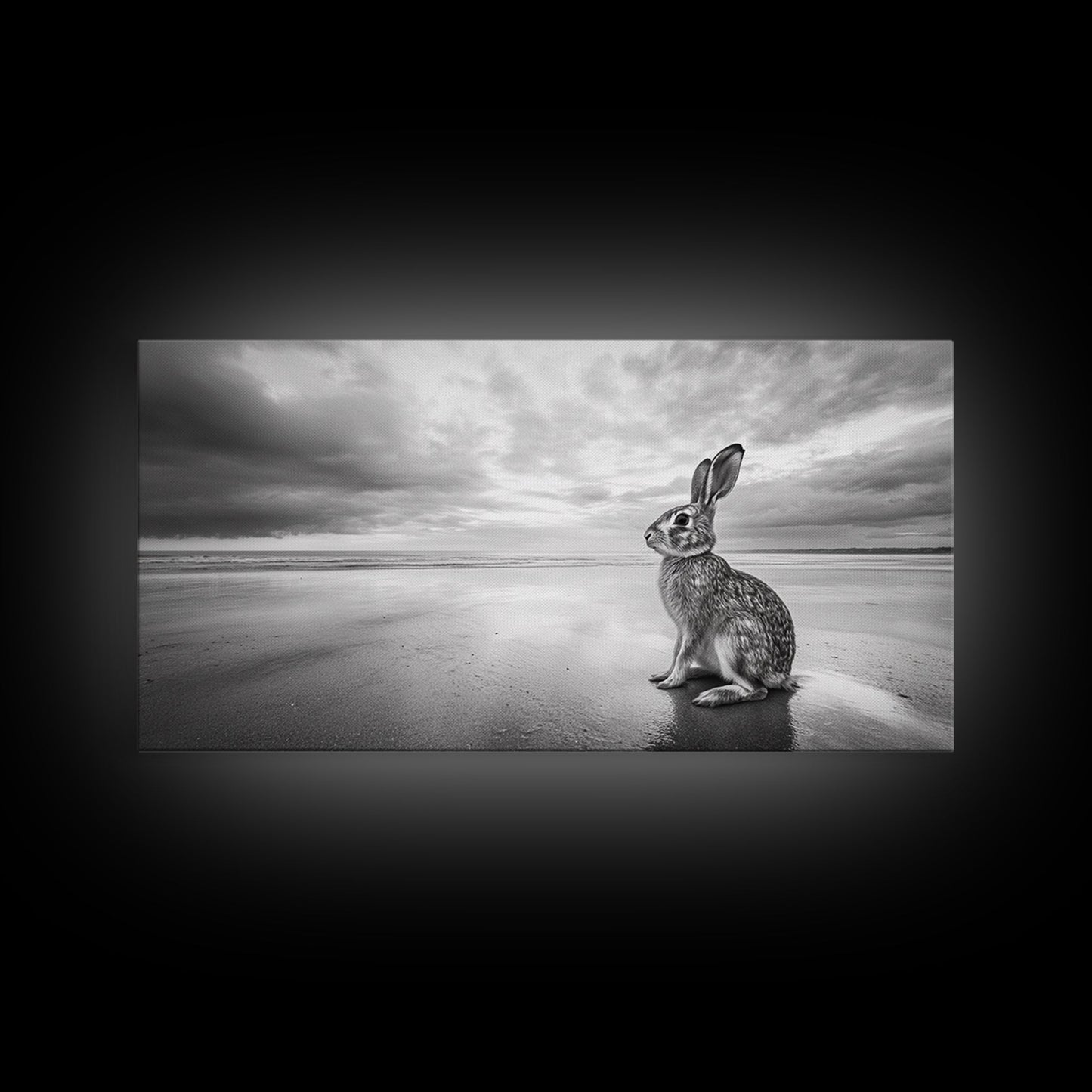 Rabbit Beach, whimsical art, coastal decor, animal painting, nature wall art, moody art, soft neutral tones, beach photography, Canvas Print