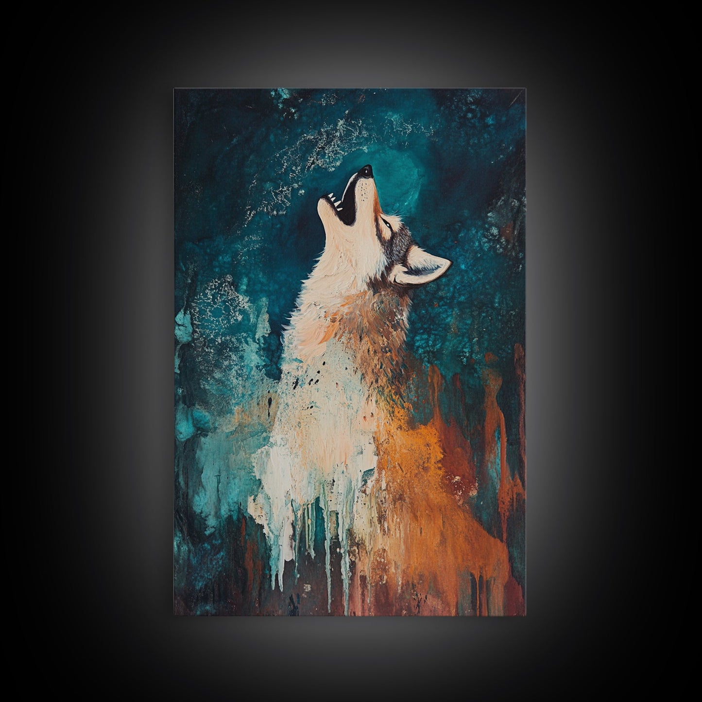 Abstract Wolf, howling at moon, moody blue tones, modern rustic art, wildlife painting, framed canvas print, dark romance painting