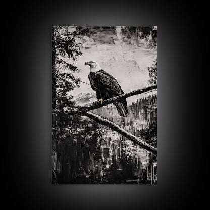 Bald Eagle, majestic bird, black and white, rustic decor, wildlife painting, nature art, framed canvas print, farmhouse wall art