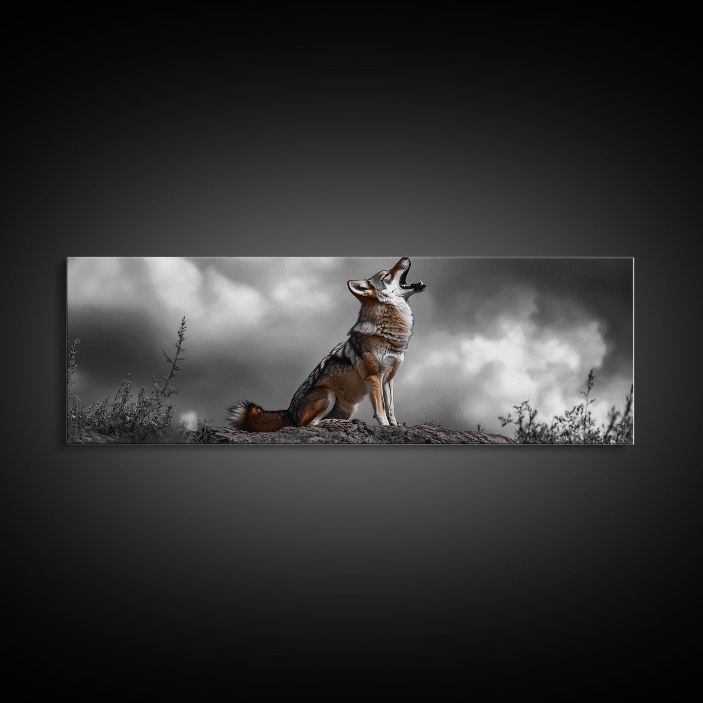 Howling Coyote, Wildlife Art, Nature Wall Art, Rustic Decor, Moody Art, Above Sofa Art, Horizontal Wall Art, Canvas Print