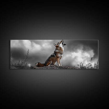 Howling Coyote, Wildlife Art, Nature Wall Art, Rustic Decor, Moody Art, Above Sofa Art, Horizontal Wall Art, Canvas Print
