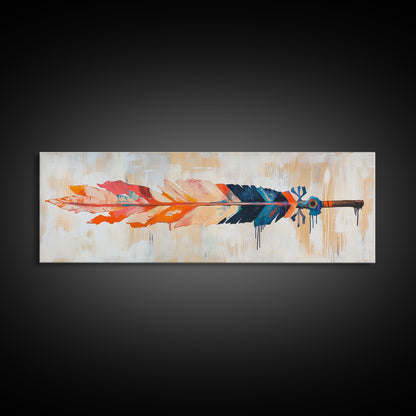 Colorful feather, native art, southwestern decor, rustic wall art, boho art, framed canvas print, extra wide art, tribal painting