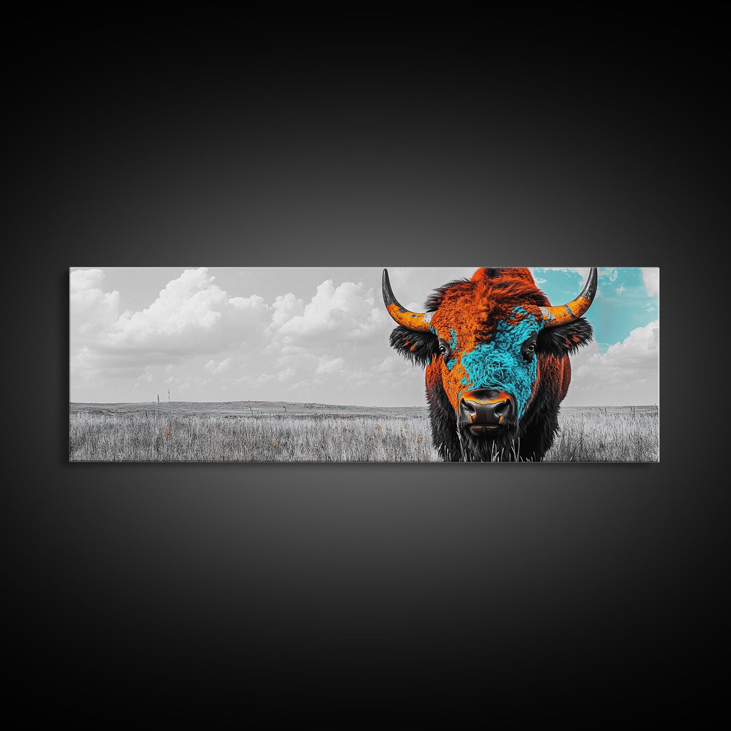 Bison Portrait, Southwest Wall Art, Buffalo Art, Native American Art, Moody Art, Panoramic Art, Rustic Decor, Framed Canvas Print