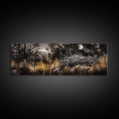 Bald Eagle, wildlife art, eagle painting, southwest wall art, rustic decor, panoramic painting, moody art, framed canvas print, above sofa art