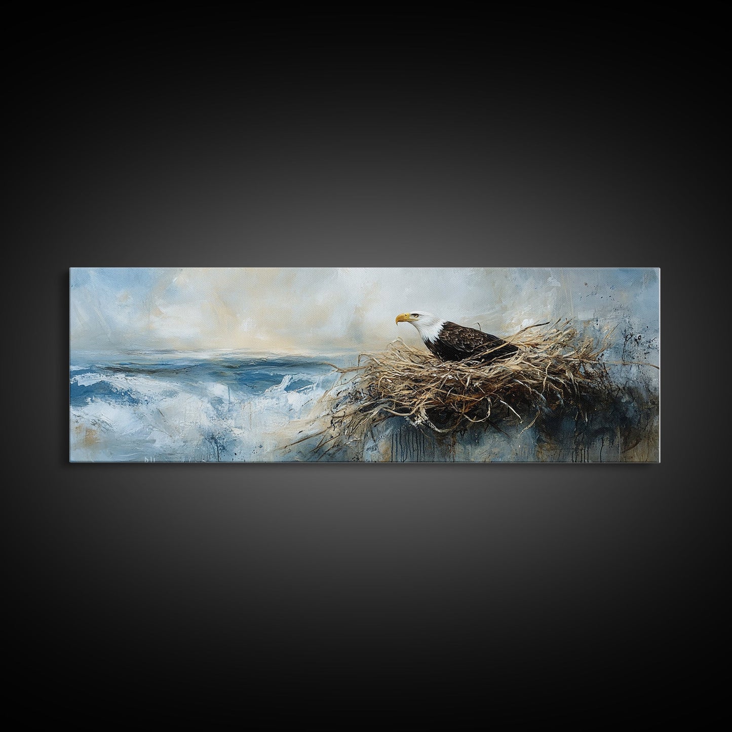 Eagle Nest, bird art, wildlife painting, coastal wall art, seascape painting, moody art, extra wide art, framed canvas print, above sofa art