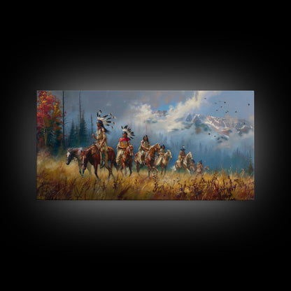 Native American Warriors on Horseback in Autumn Forest, Perfect Wall Art, Framed Canvas Print Living Room or Bedroom Decor, Historical Art