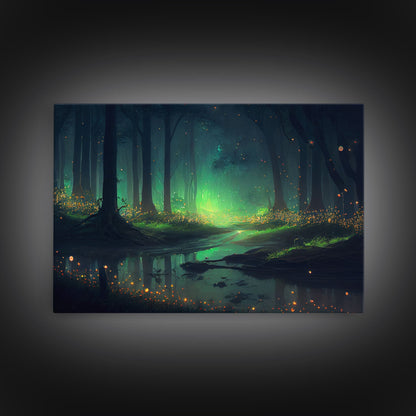 Fireflies In Forest Swamp Night Green Wall Poster, Wall Decor, Wall Art Print, Fine Art Print